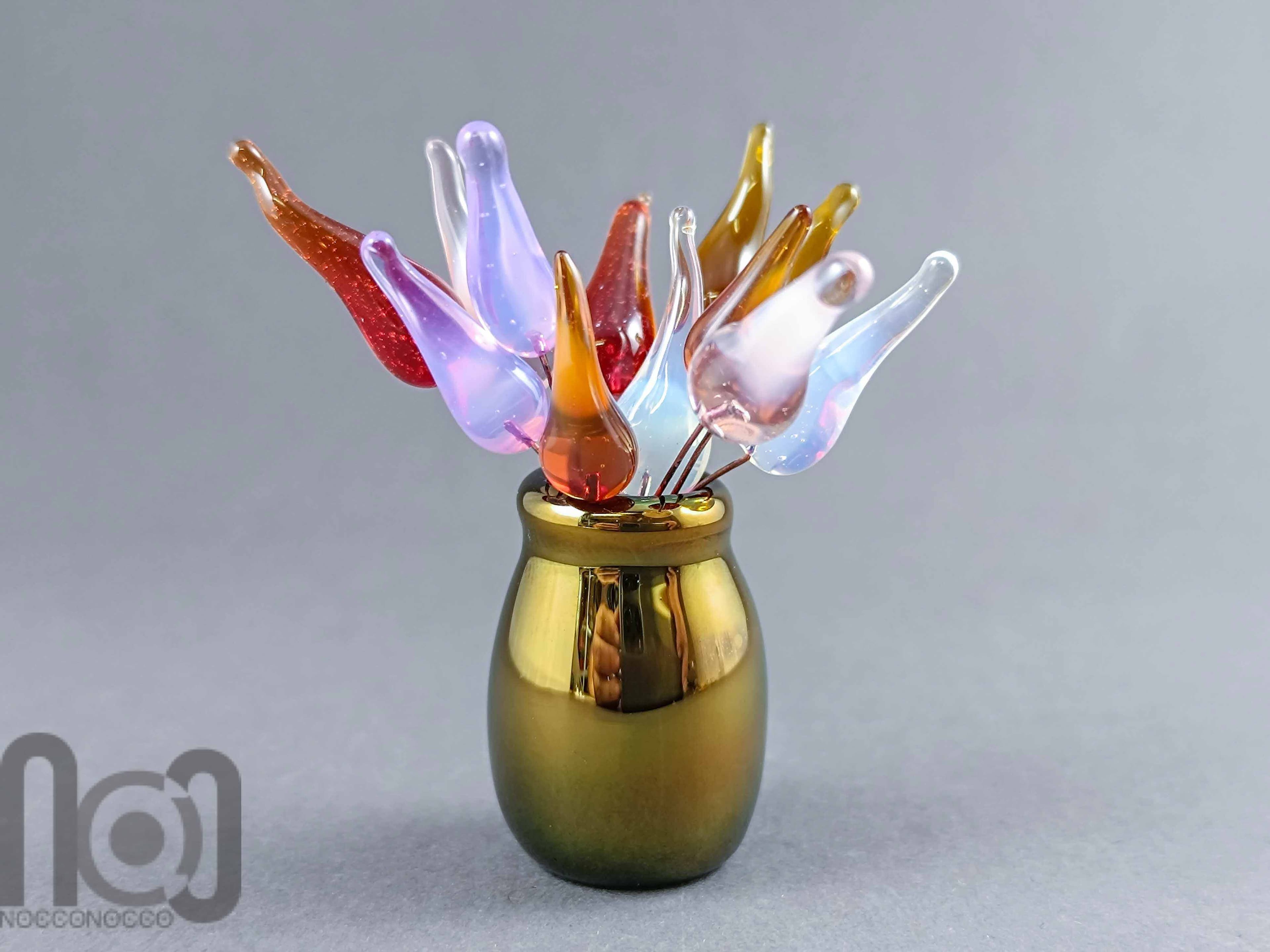 Handblown Gold-Fumed Mini Glass Vase with Colorful Flower Buds — handmade borosilicate glass by NoccoNocco, main view, made in Greece