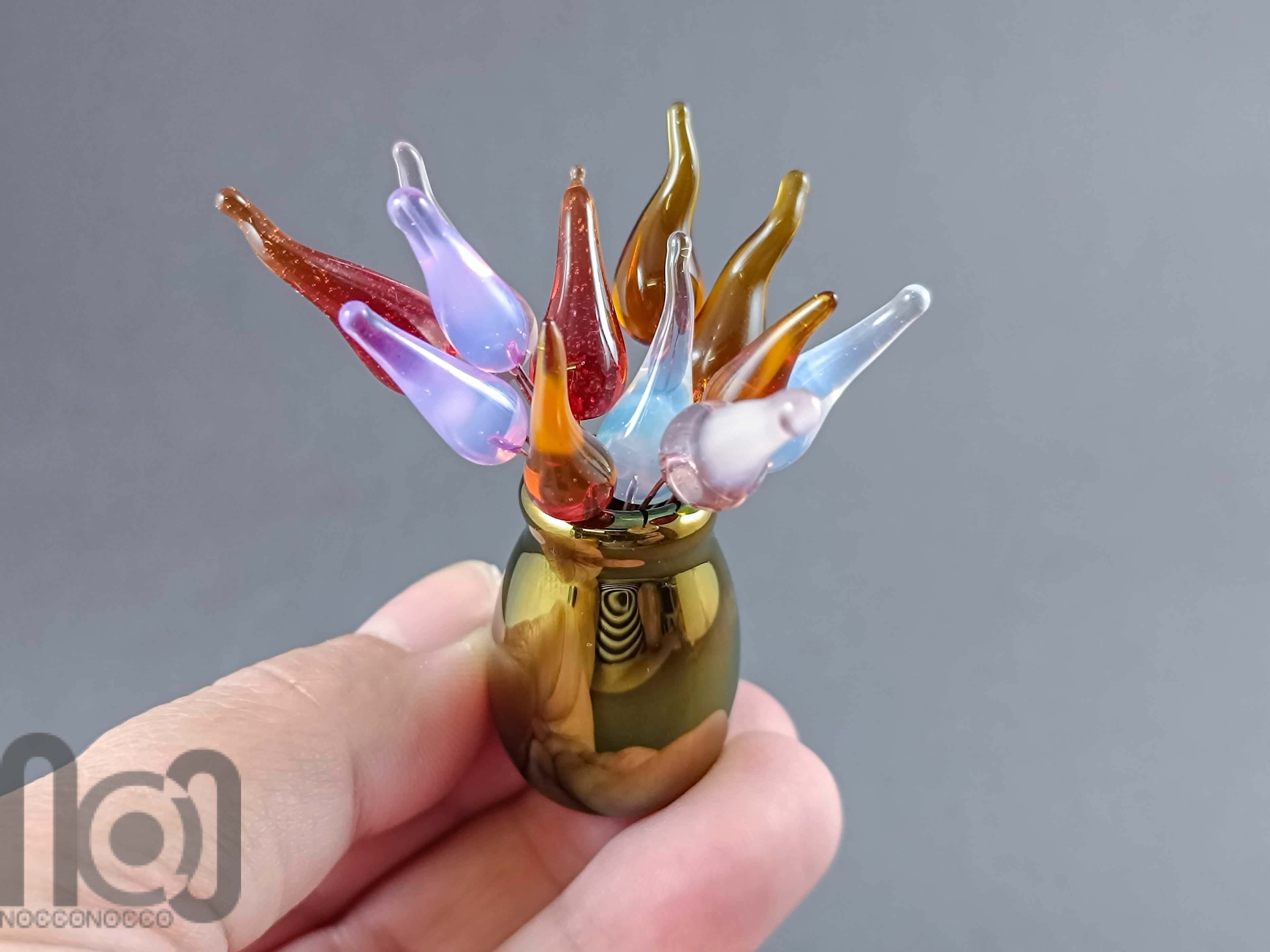Handblown Gold-Fumed Mini Glass Vase with Colorful Flower Buds — handmade borosilicate glass by NoccoNocco, detail view 3 of 5, made in Greece