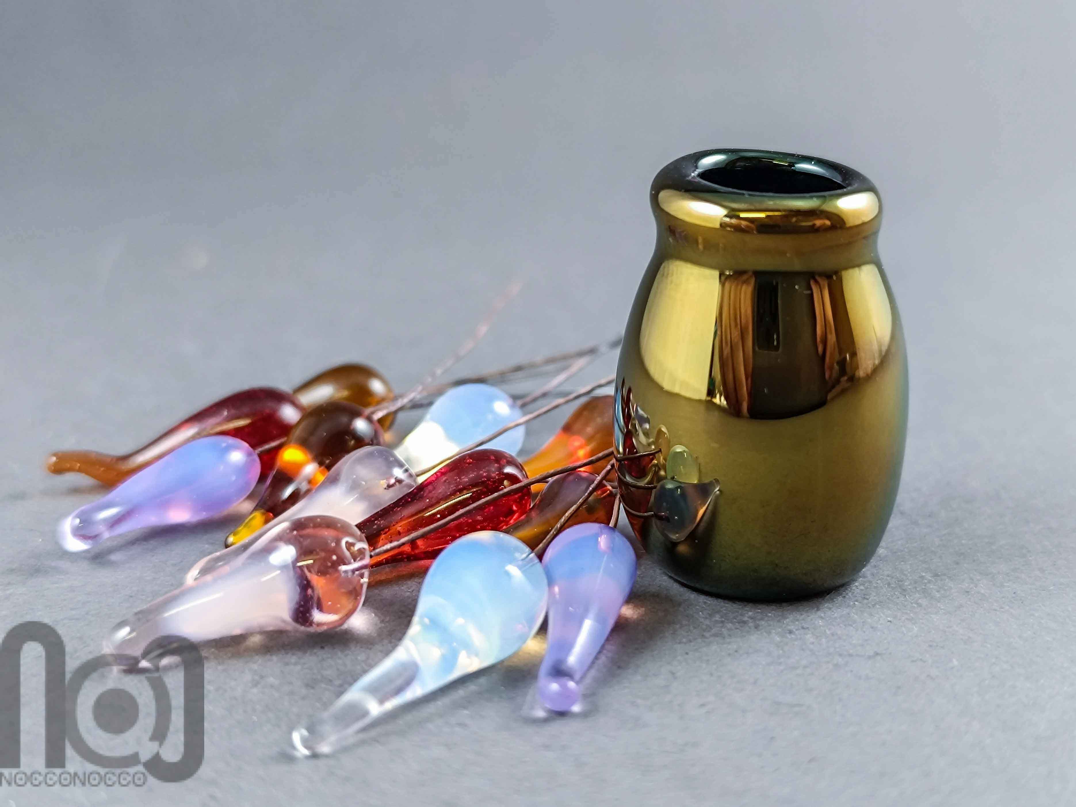 Handblown Gold-Fumed Mini Glass Vase with Colorful Flower Buds — handmade borosilicate glass by NoccoNocco, detail view 4 of 5, made in Greece