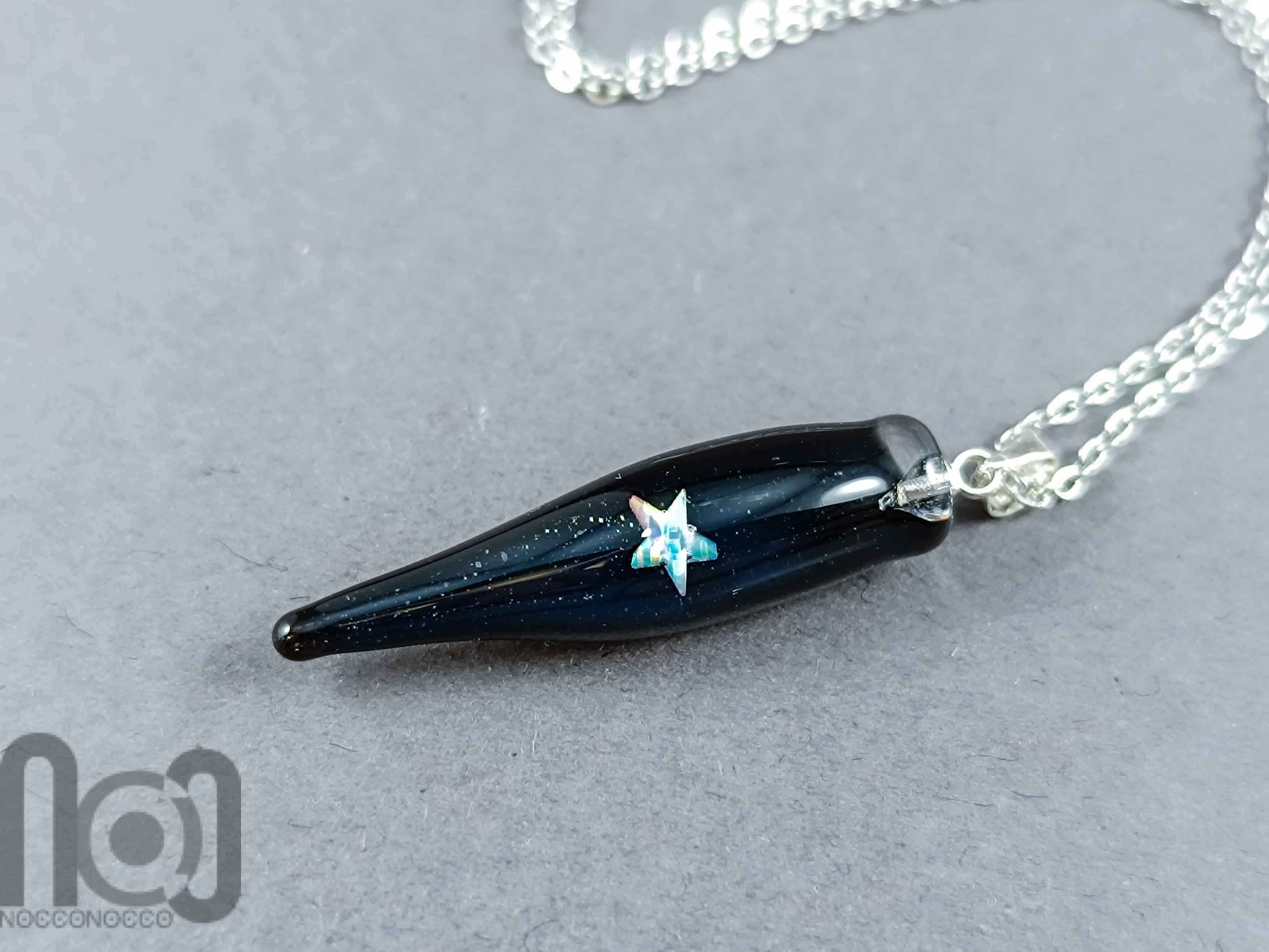 Handmade Starry Black Glass Pendant with Encased Star Opal — handmade borosilicate glass by NoccoNocco, main view, made in Greece