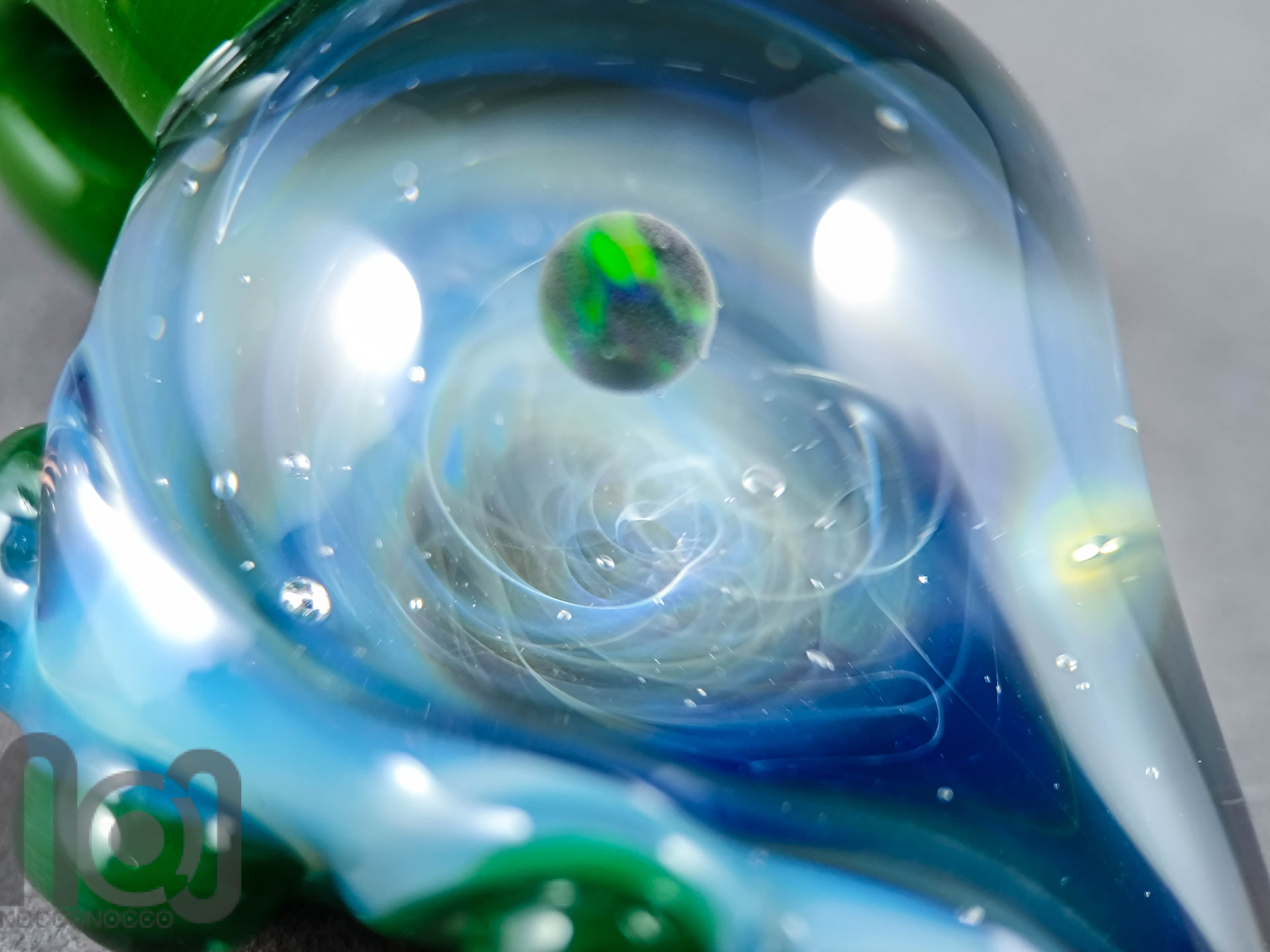 Galaxy Glass Pendant with Floating Opal, v338 — handmade borosilicate glass by NoccoNocco, detail view 2 of 4, made in Greece