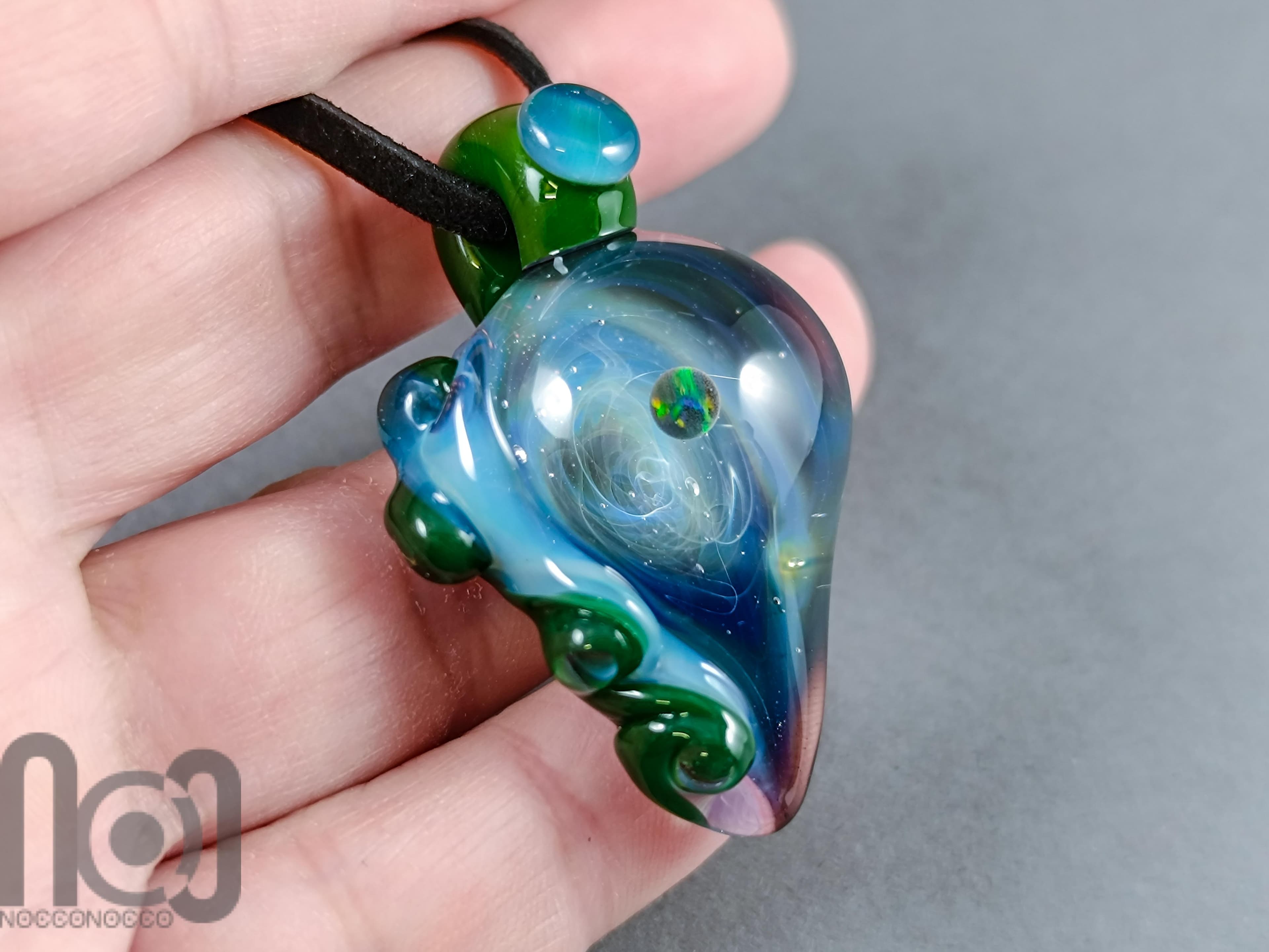 Galaxy Glass Pendant with Floating Opal, v338 — handmade borosilicate glass by NoccoNocco, detail view 4 of 4, made in Greece