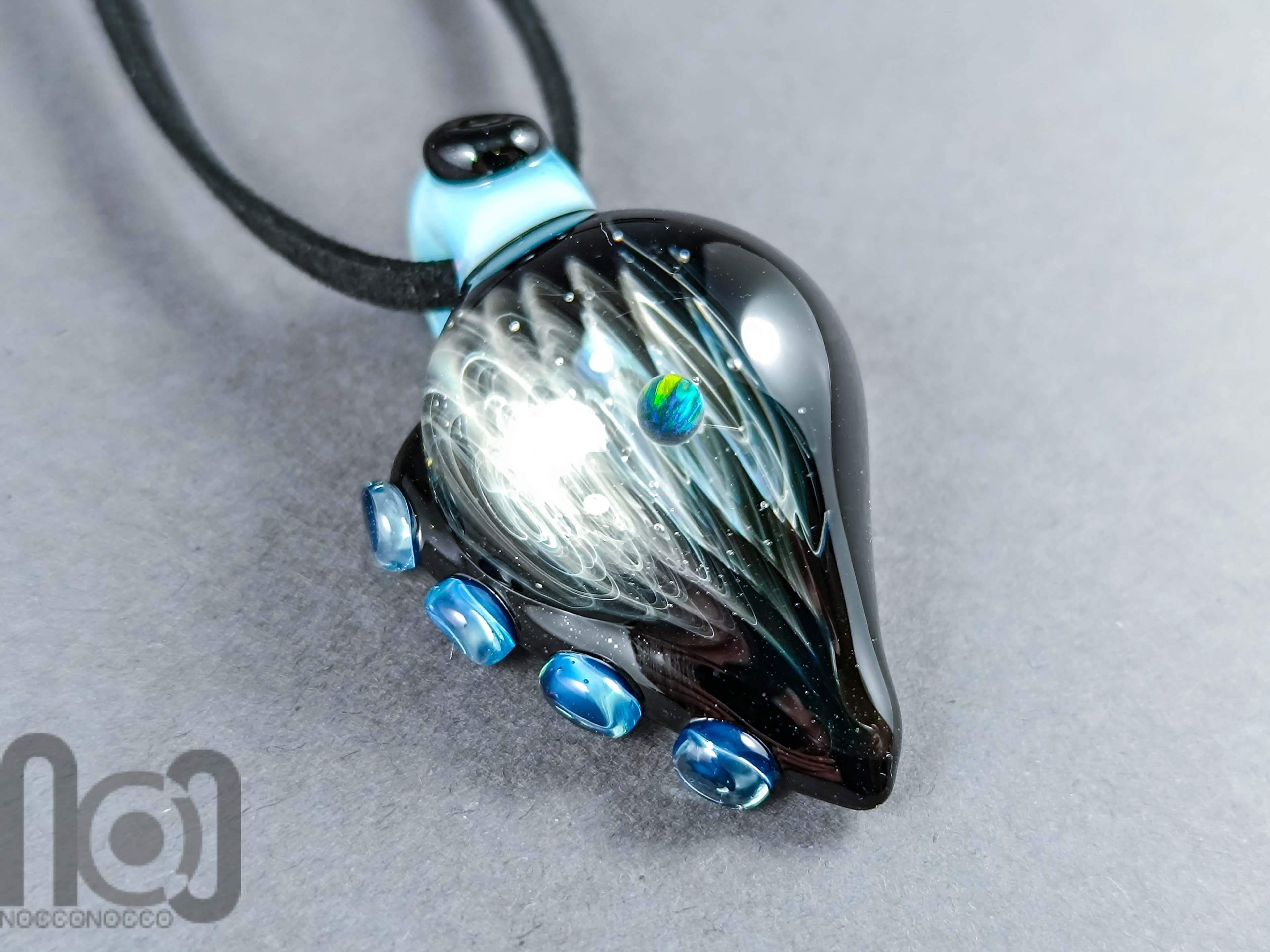 Galaxy Glass Pendant with Floating Opal, v339 — handmade borosilicate glass by NoccoNocco, main view, made in Greece
