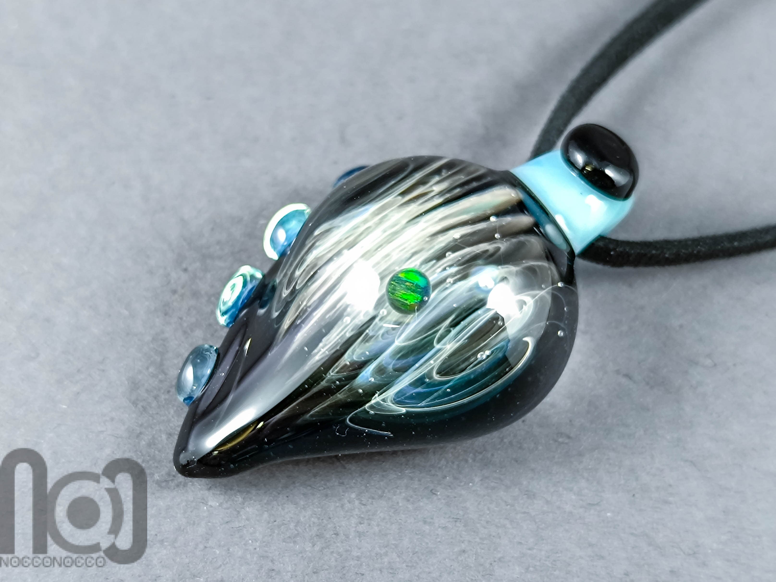 Galaxy Glass Pendant with Floating Opal, v339 — handmade borosilicate glass by NoccoNocco, detail view 3 of 4, made in Greece