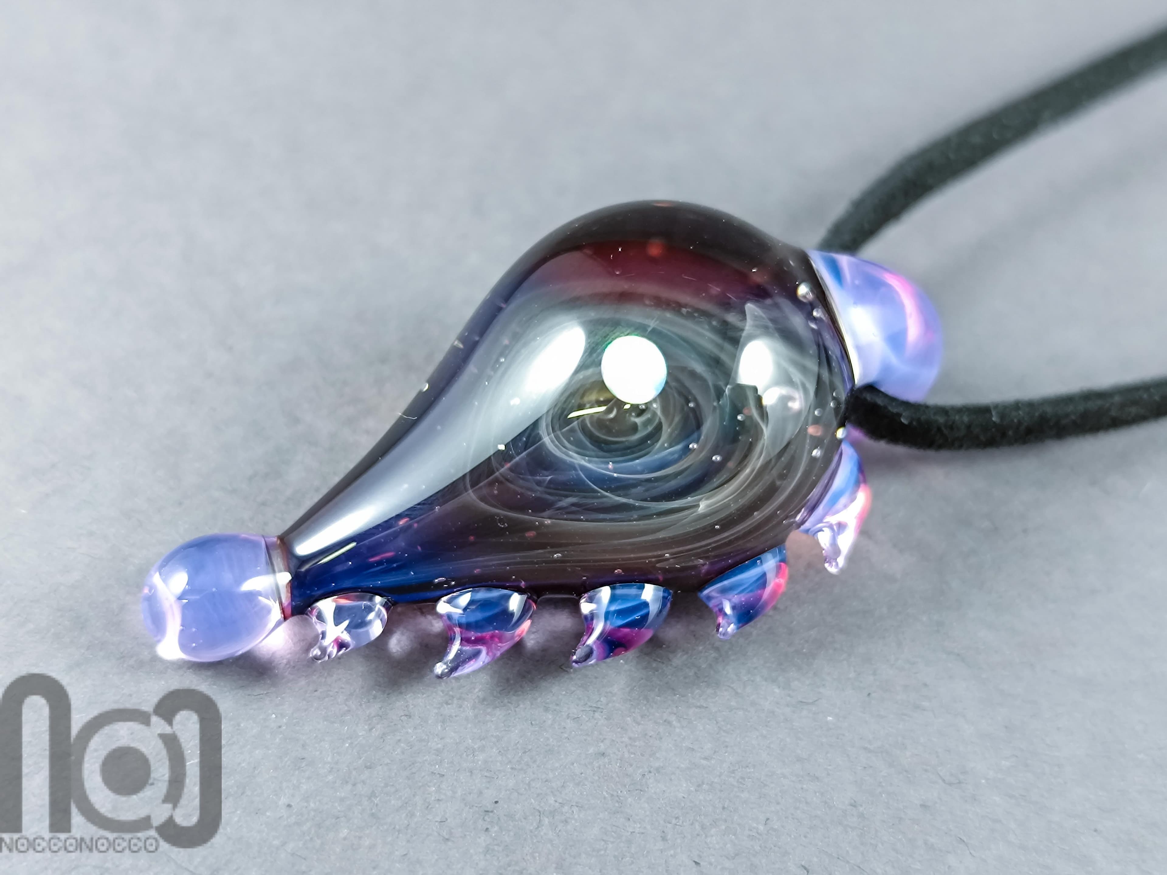 Galaxy Glass Pendant with Floating Opal, v340 — handmade borosilicate glass by NoccoNocco, detail view 3 of 4, made in Greece