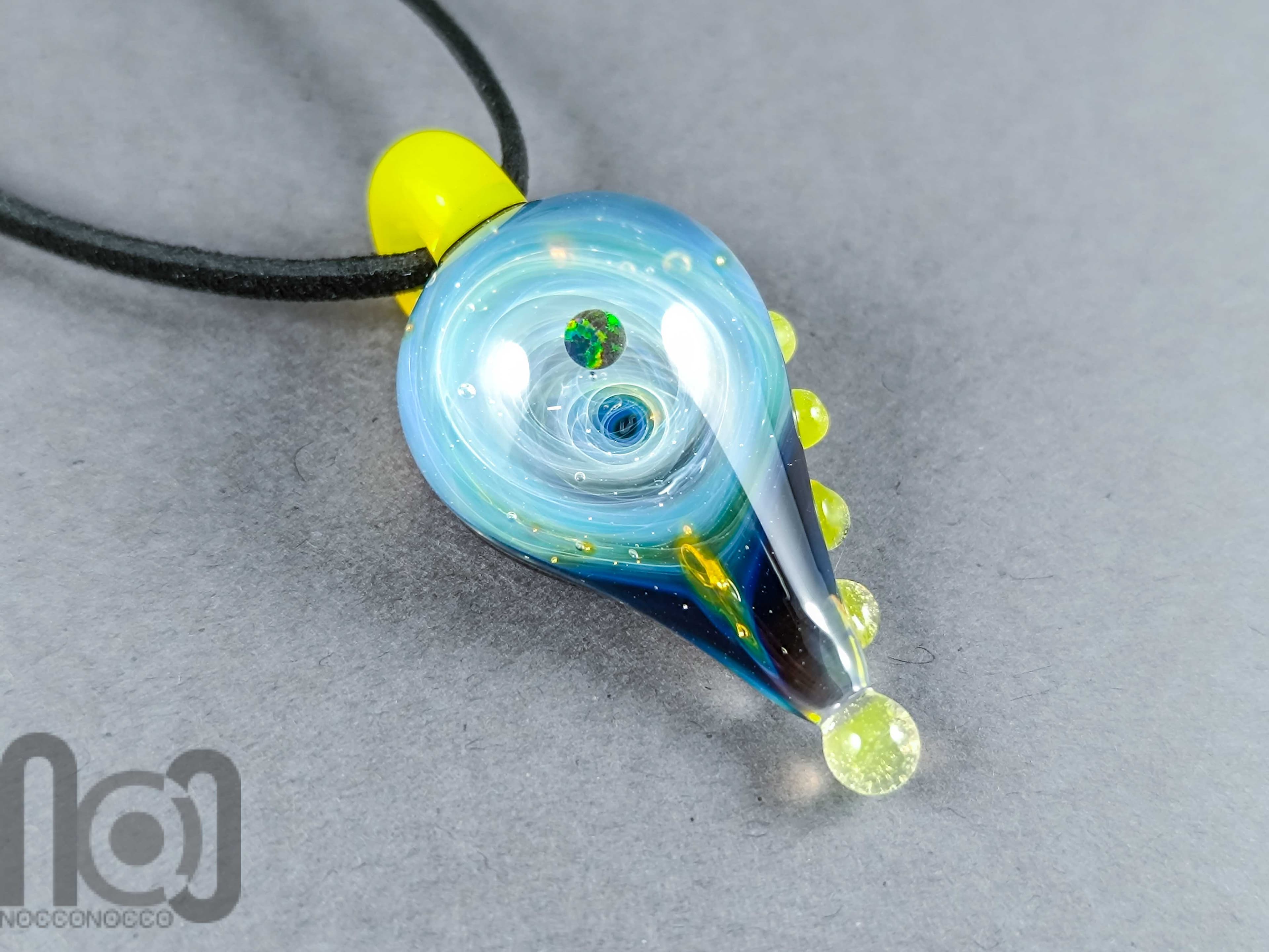 Galaxy Glass Pendant with Floating Opal, v342 — handmade borosilicate glass by NoccoNocco, detail view 3 of 4, made in Greece