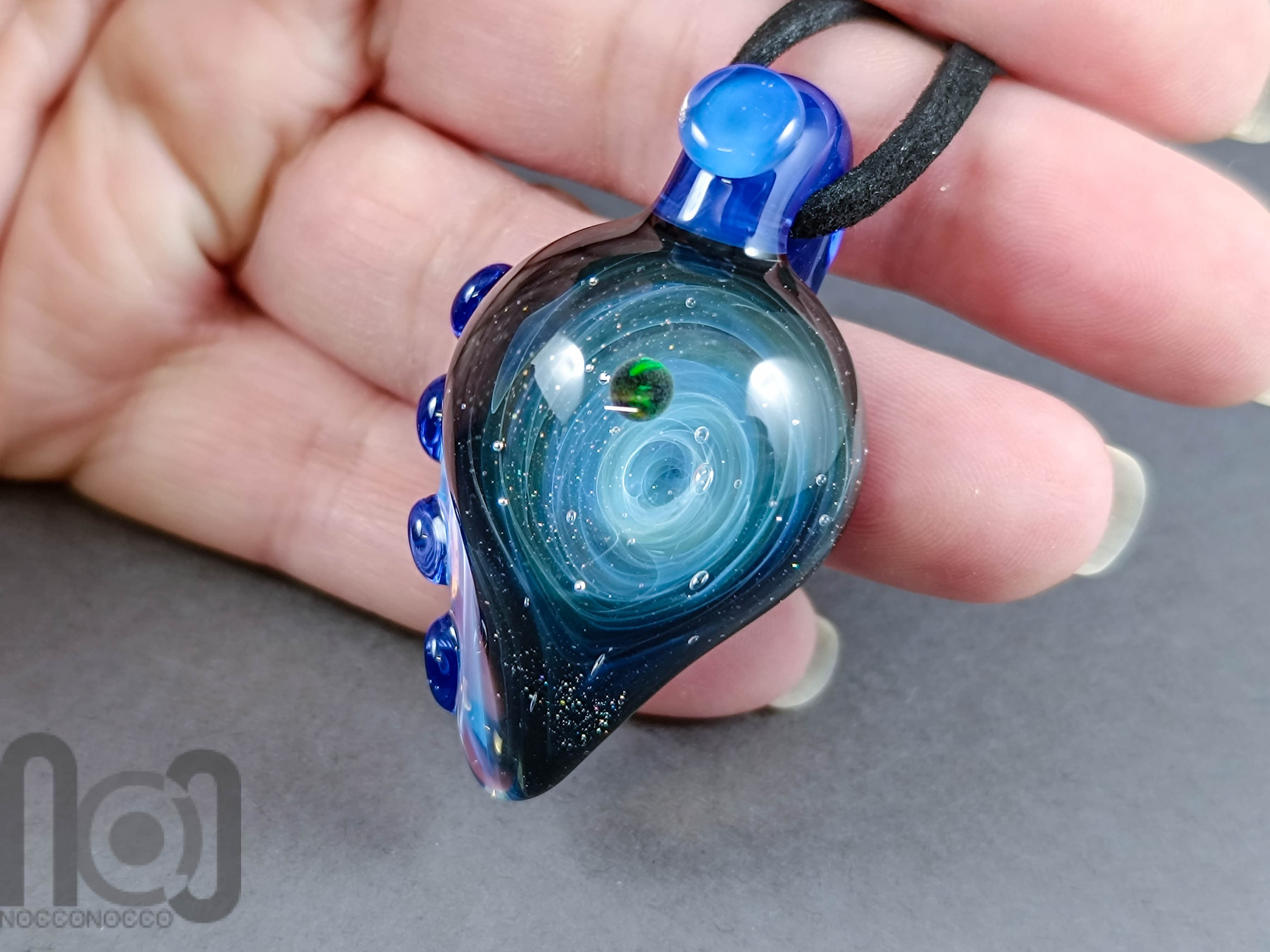 Galaxy Glass Pendant with Floating Opal, v336 — handmade borosilicate glass by NoccoNocco, detail view 4 of 4, made in Greece
