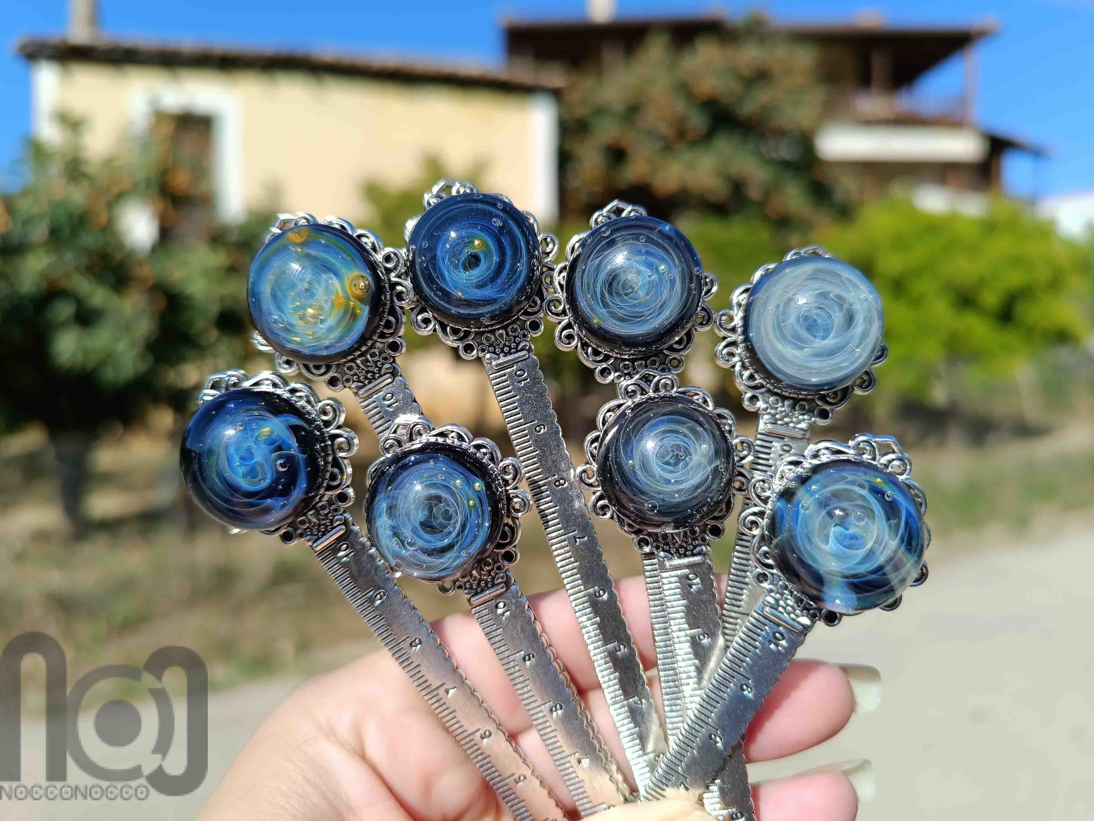 Handmade Glass Galaxy Bookmark with Ruler — handmade borosilicate glass by NoccoNocco, main view, made in Greece