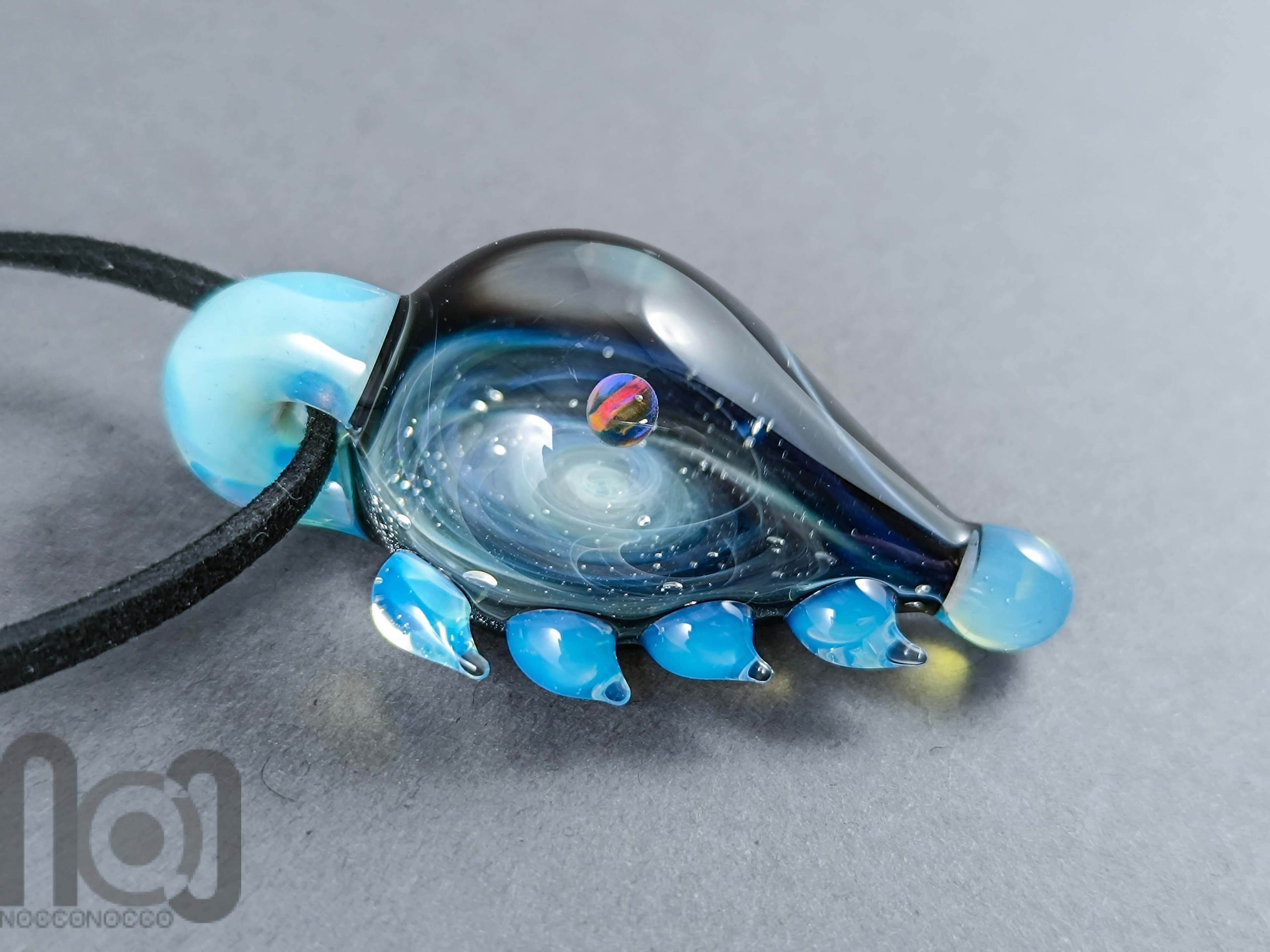 Galaxy Glass Pendant with Floating Opal, v337 — handmade borosilicate glass by NoccoNocco, main view, made in Greece