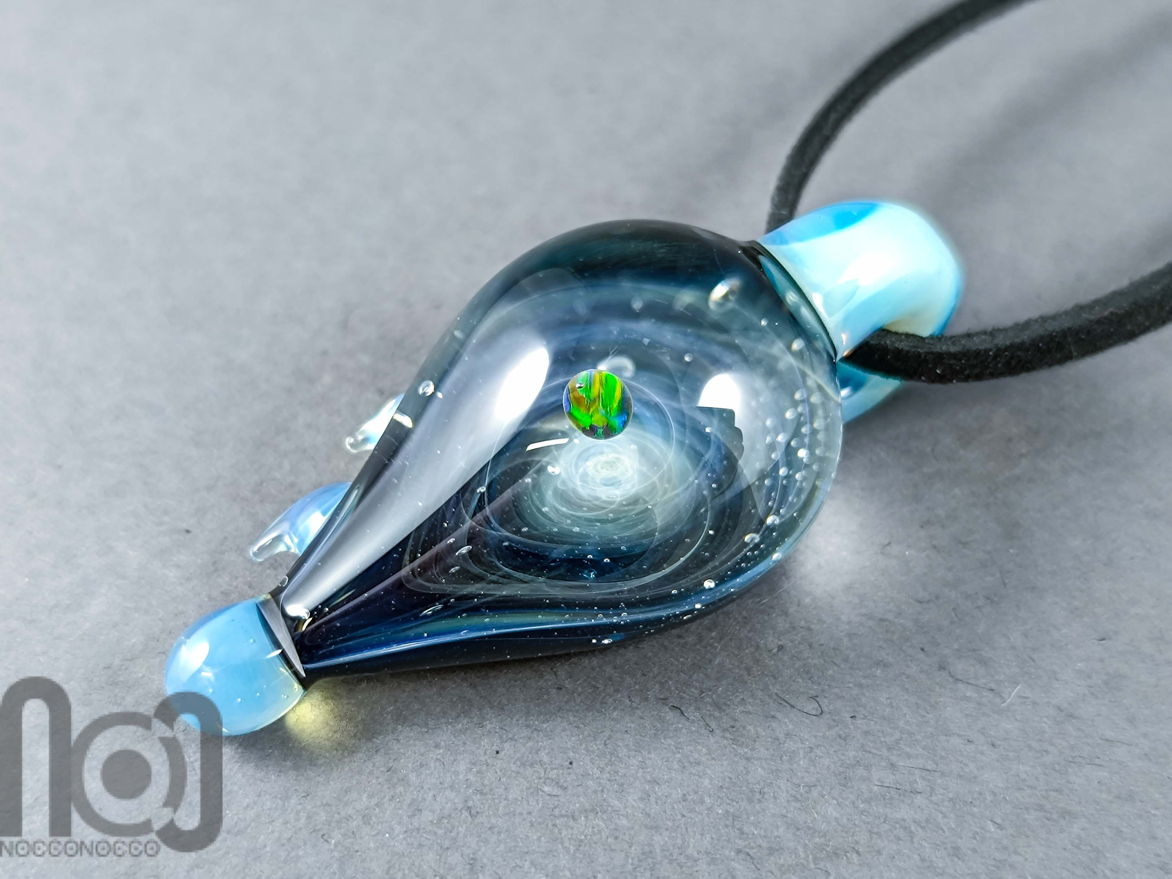 Galaxy Glass Pendant with Floating Opal, v337 — handmade borosilicate glass by NoccoNocco, detail view 3 of 4, made in Greece