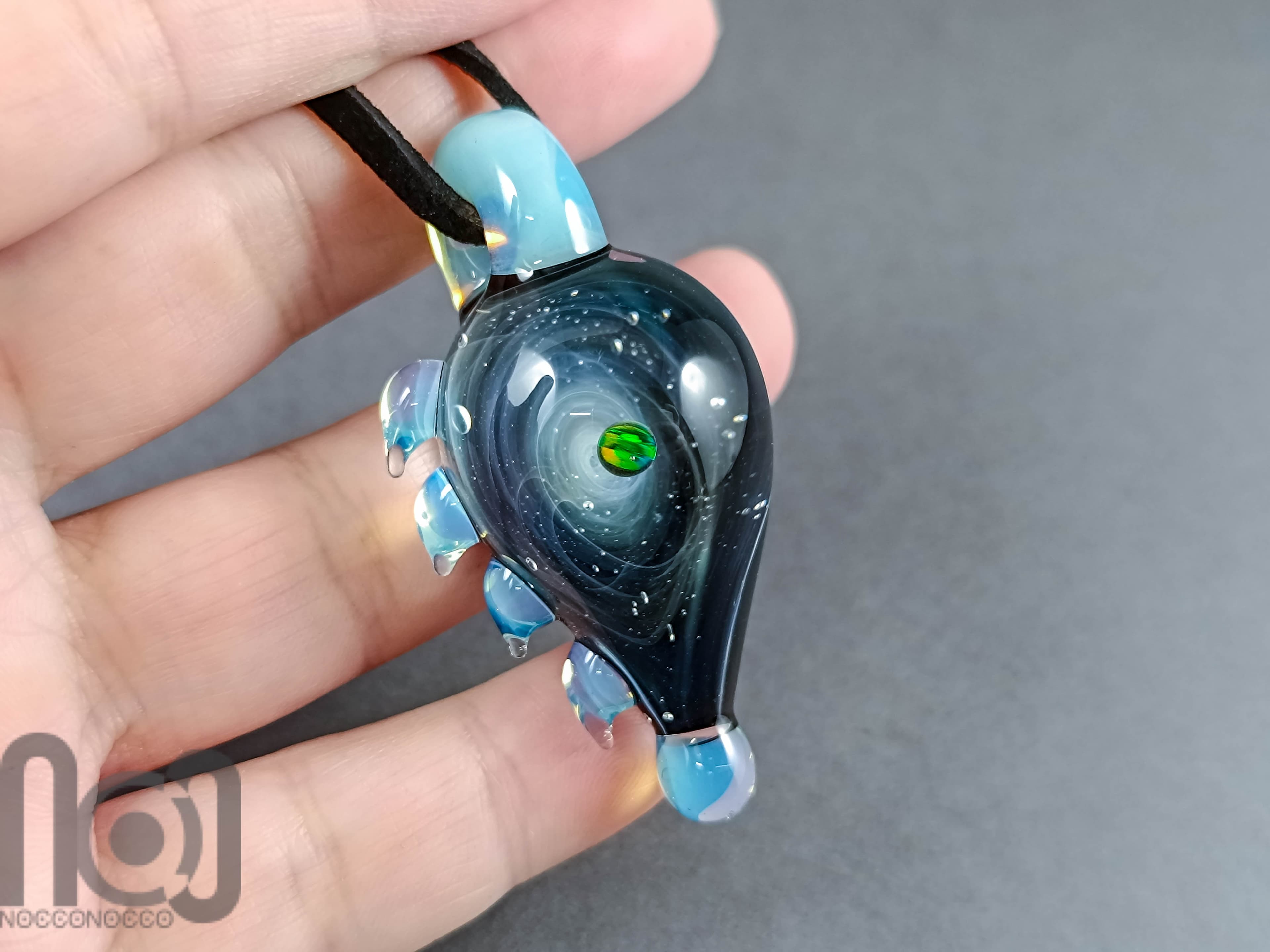 Galaxy Glass Pendant with Floating Opal, v337 — handmade borosilicate glass by NoccoNocco, detail view 4 of 4, made in Greece