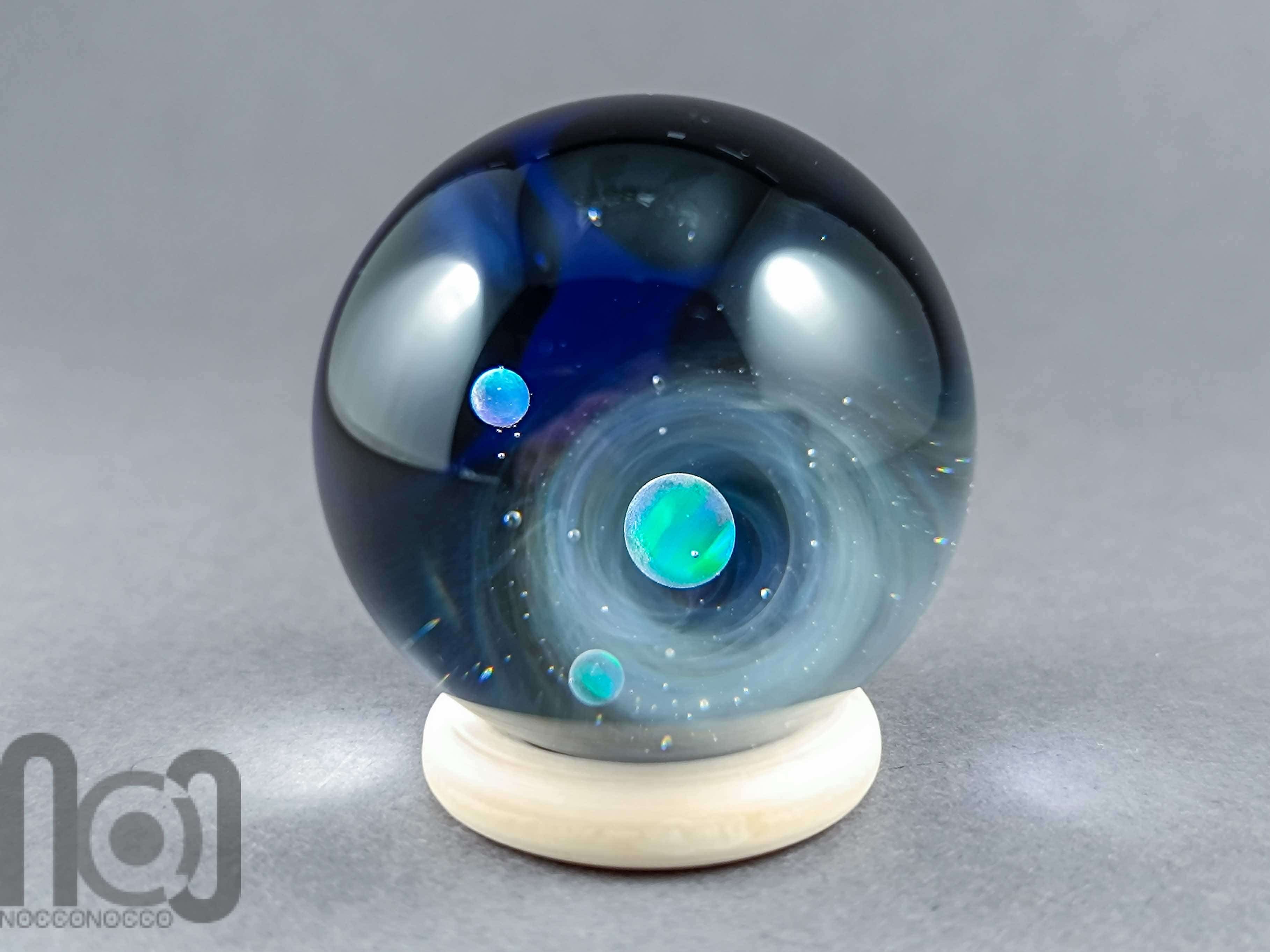 Galaxy Marble with 3 Floating Opal Planets and Decorated Backside, v573 — handmade borosilicate glass by NoccoNocco, made in Greece