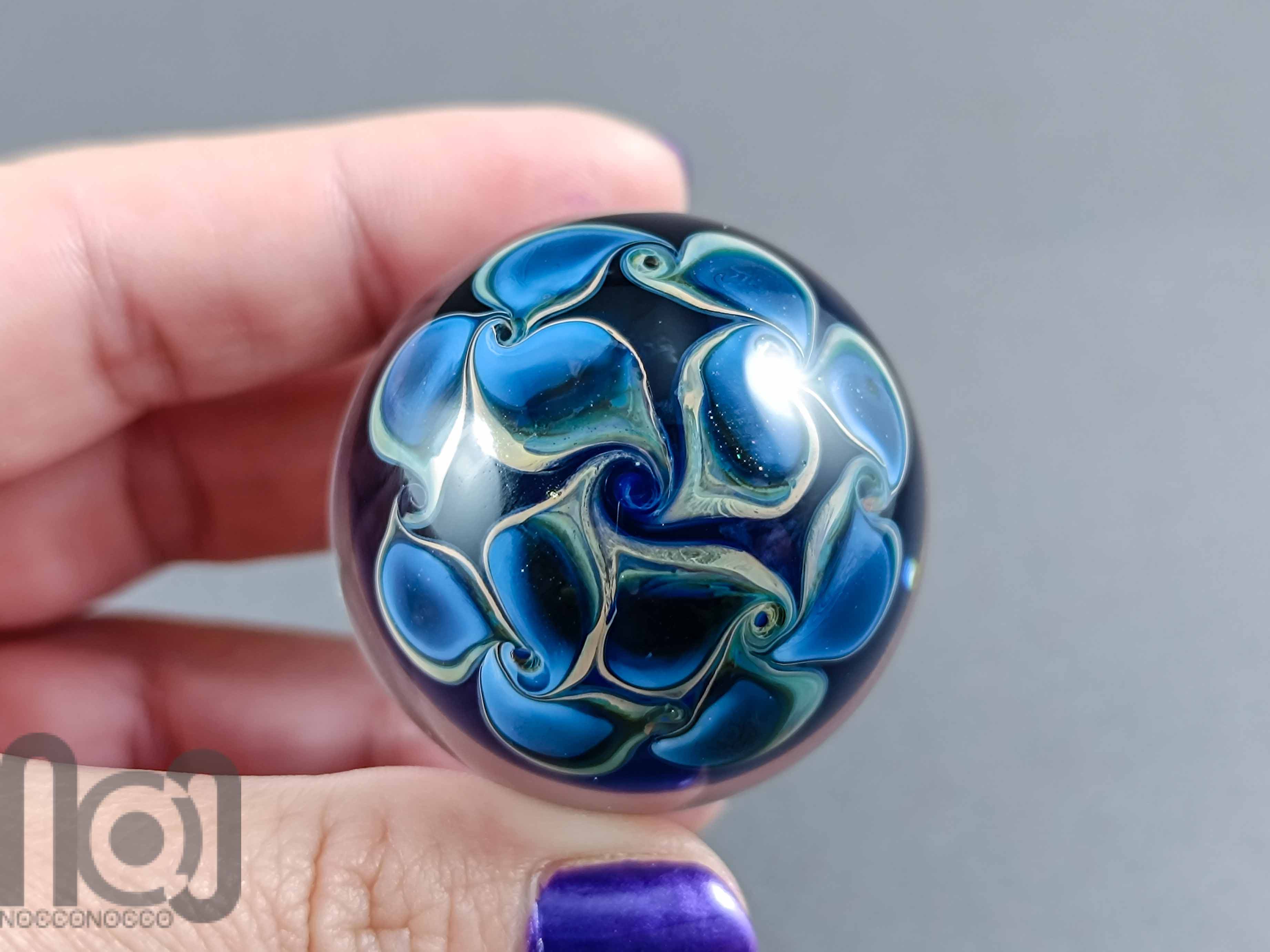Galaxy Marble with 3 Floating Opal Planets and Decorated Backside, v573 — handmade borosilicate glass by NoccoNocco, detail view 6 of 6, made in Greece