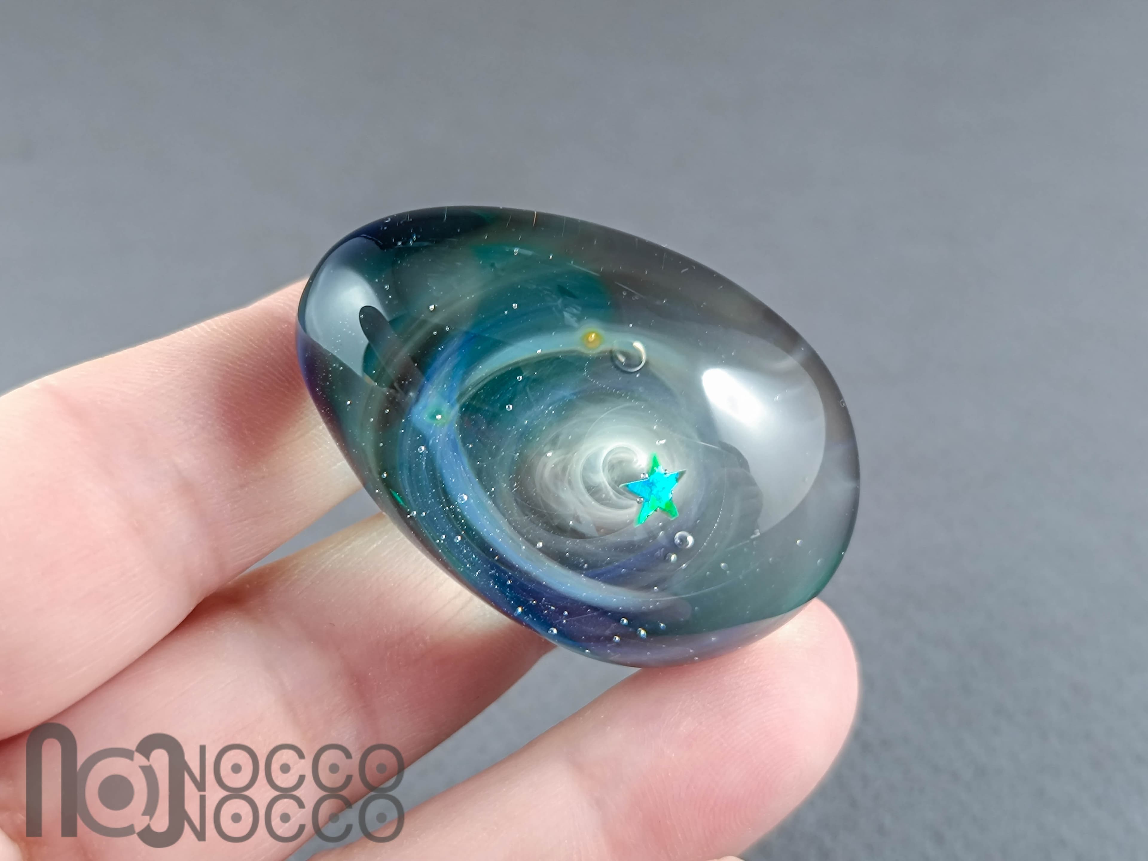 Handmade Glass Galaxy Egg with Opal Planet, v605 — handmade borosilicate glass by NoccoNocco, detail view 4 of 4, made in Greece