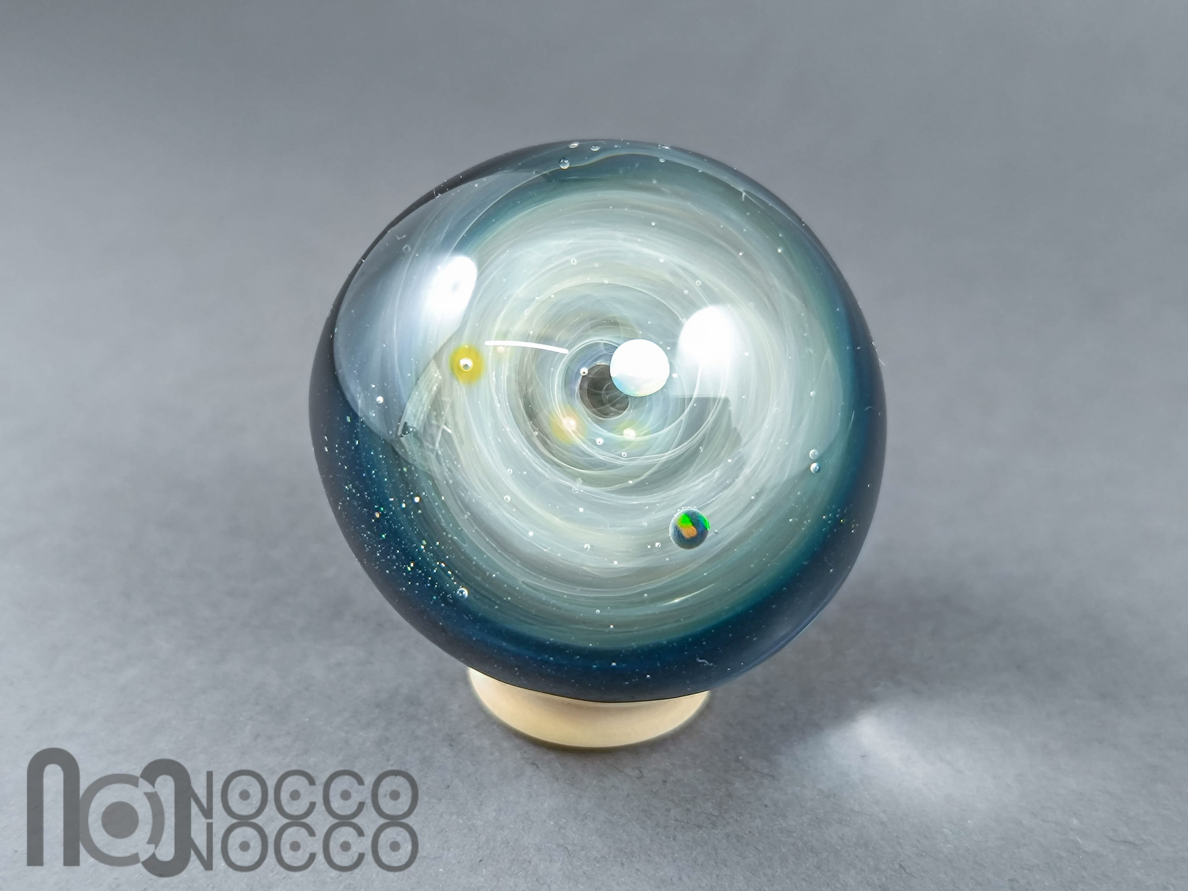 Double Sided Galaxy Marble with 4 Floating Opal Planets, v532 — handmade borosilicate glass by NoccoNocco, detail view 5 of 6, made in Greece