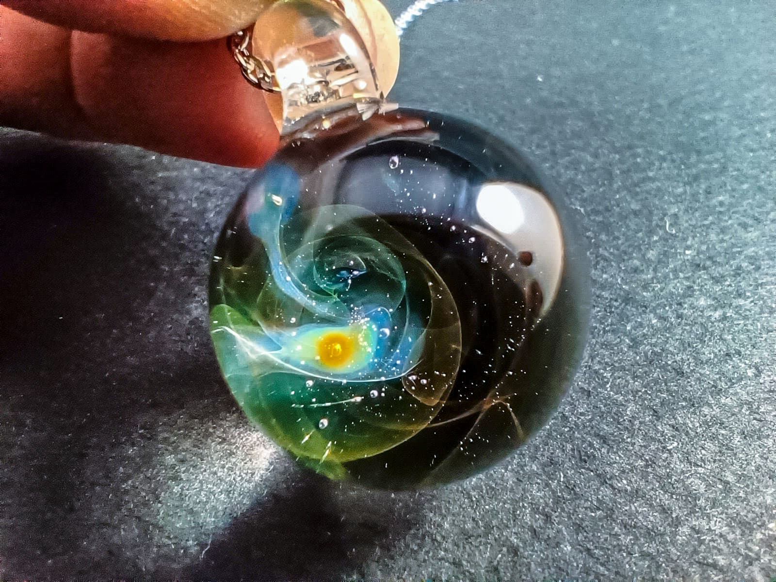 Silver & Gold Fumed Glass Galaxy Pendant – Handmade Borosilicate Necklace — handmade borosilicate glass by NoccoNocco, main view, made in Greece