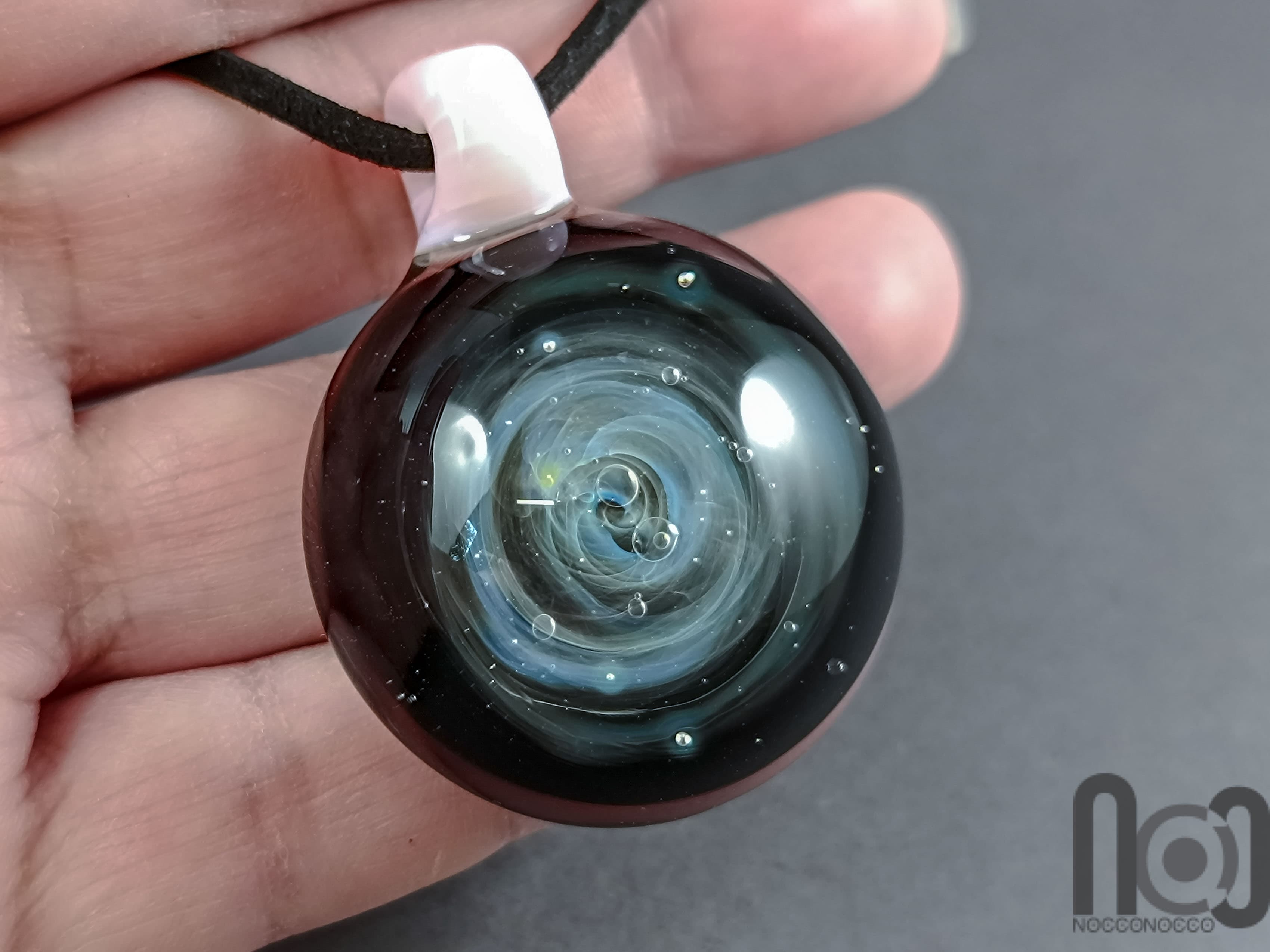 Galaxy Glass Pendant – Silver Fumed Necklace - 393 — handmade borosilicate glass by NoccoNocco, detail view 2 of 2, made in Greece