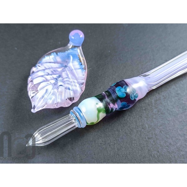 Handmade Glass Dip Pen with Floral Design and Pen Pillow