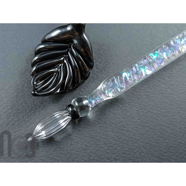 Handmade Glass Dip Pen with Dichroic Glass and Leaf Pillow