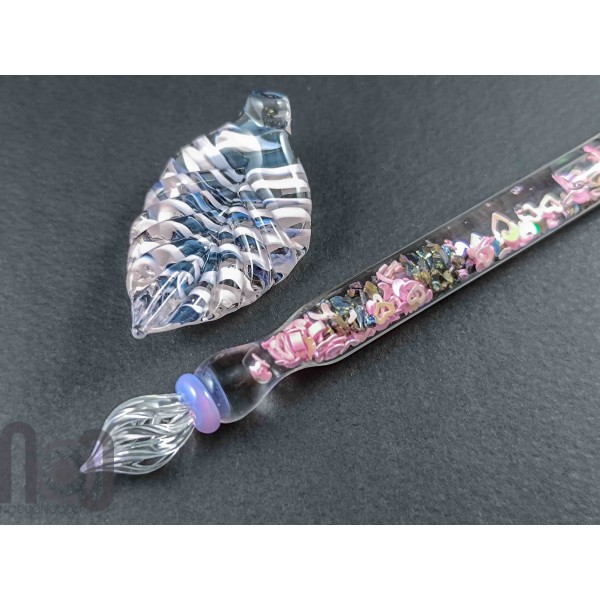 Handmade Glass Dip Pen with Galaxy Marble & Reflective Pink Hearts